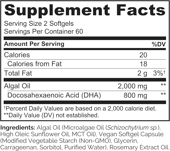 NATURELO Vegan DHA Vegan Omega 3 Supplement 120 Softgels Supports Brain/Heart/Eye Health Complements Prenatal Vitamins Essential Fatty Acids Omega 3 Supplement for Women &amp Men