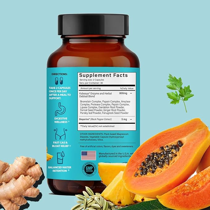Plana Belly Debloating Supplement – Digestive Enzymes for Bloating &amp Gas Relief with Bromelain Ginger Fennel &amp Dandelion Root – Gut Health Support for Women &amp Men – 60 Capsules