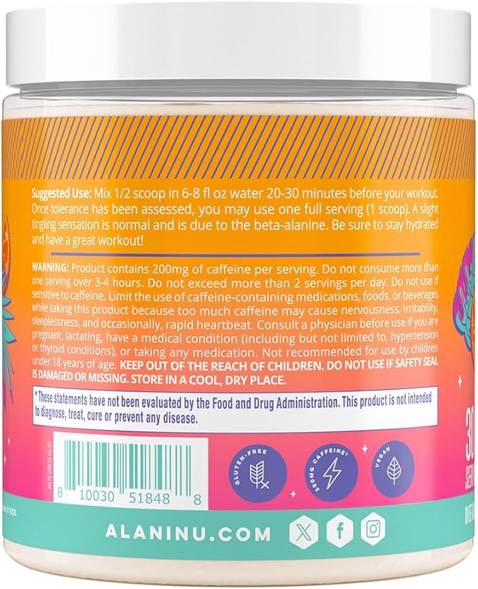 Alani Nu Pre Workout Powder Orange KISS Amino Energy Boost Endurance Supplement Sugar Free 200mg Caffeine L-Theanine Beta-Alanine Citrulline 30 Servings