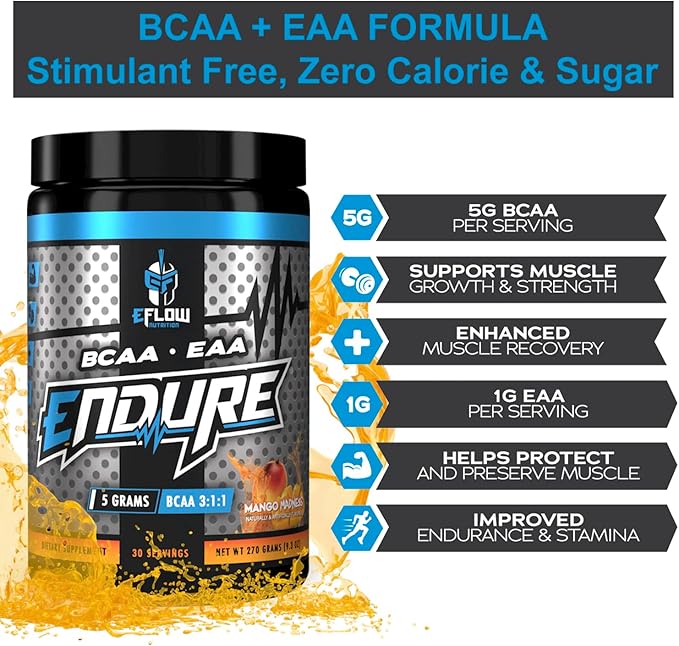 eFlow Nutrition Endure BCAA Plus EAA - Essential Amino Acids Electrolyte Powder Intra Workout - Improve Energy Recovery and Performance - Mango Madness (30 Servings)
