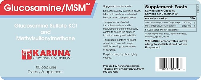 Karuna Glucosamine/MSM 180 Vegetarian Capsules | 1500mg Glucosamine 2250 mg MSM | Joint Health