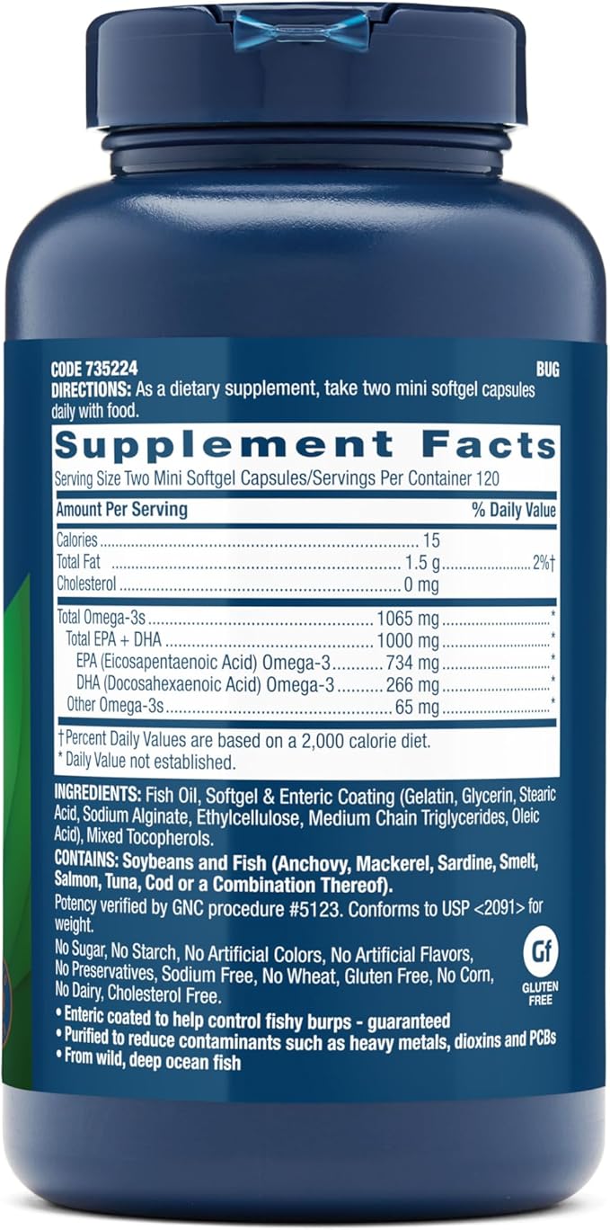 GNC Triple Strength Fish Oil Mini Omega 3 Supplement 1000mg EPA and DHA Supports Heart Brain Skin Eye and Joint Health 240 Mini Softgels