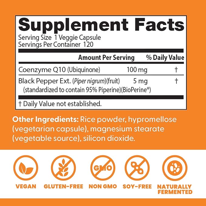 Doctor's Best High Absorption CoQ10 with BioPerine Supplement - Coenzyme Q10 Caps for Heart Health &amp Antioxidant Support CoQ10 100mg for Women &amp Men Non GMO Naturally Fermented - 120 Veg Ca