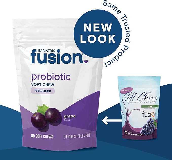 Bariatric Fusion Probiotic Soft Chews | Grape Flavor Chewy Bariatric Vitamin | 10 Billion CFU | Bacillus Coagulans | Support Digestive &amp Immune Health | 60 Count