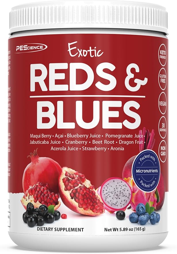 PEScience Exotic Reds &amp Blues Red Superfoods Powder with Myo-Inositol Beet Root Powder Pomegranate and Acai Extract Freeze-Dried Antioxidant Fruit Blend 30 Servings