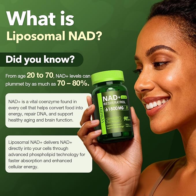 Nad Resveratrol Supplement 61800mg Per Bottle – Liposomal Nad+ Resveratrol for Women &amp Men – High Purity 1200mg Nad+ Supplement for Energy &amp Healthy Aging Resveratrol Quercetin CoQ10 – 90 C