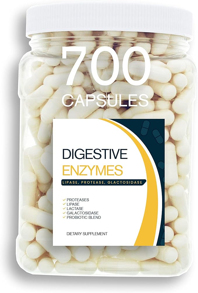Digestion Aid - 700 Count Blend of Digestive Enzymes and Key Probiotic Strains in a Clear Square Grip Jar