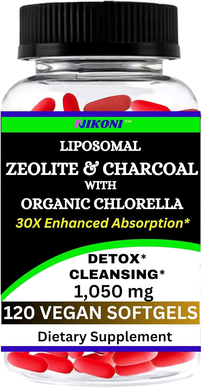 Nikoni Liposomal Zeolite Activated Charcoal &amp Organic Chlorella Supports Full Body Detox - 120 Vegan Softgels