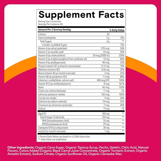 SmartyPants Women's Multivitamin Gummies Omega 3 (DHA/EPA) Methylfolate CoQ10 Vitamin D3 C Vitamin B12 B6 A K &amp Zinc Inositol Gluten Free 120 Count (40 Day Supply)