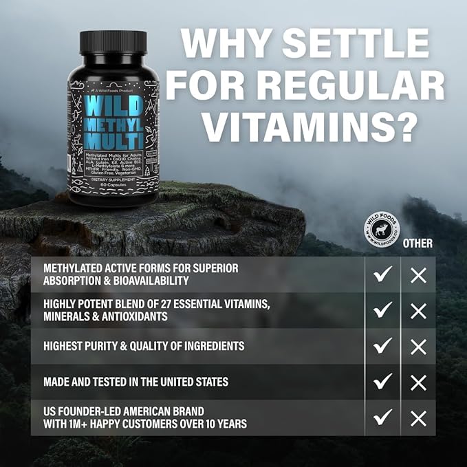 Wild Methylated Multivitamin for Women &amp Men | Daily Multi Vitamin | MTHFR Supplement Without Iron | Methylated B12 Folate Vitamin C A K2 D E Choline Biotin ALA CoQ10 &amp More (60 Caps