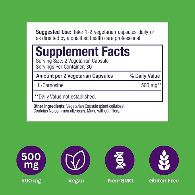Paradise Herbs L-Carnosine Super Potent Ultra Pure Antioxidant Vegan Non GMO Gluten Free 60 Vegetarian Capsules