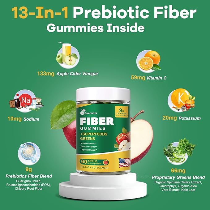 9G Fiber Gummies for Digestive Health &amp Regularity - No Sugar Added Apple Flavor - Prebiotic Fiber Supplement with Greens - Daily Gummies for Adults Women &amp Men - 60CT