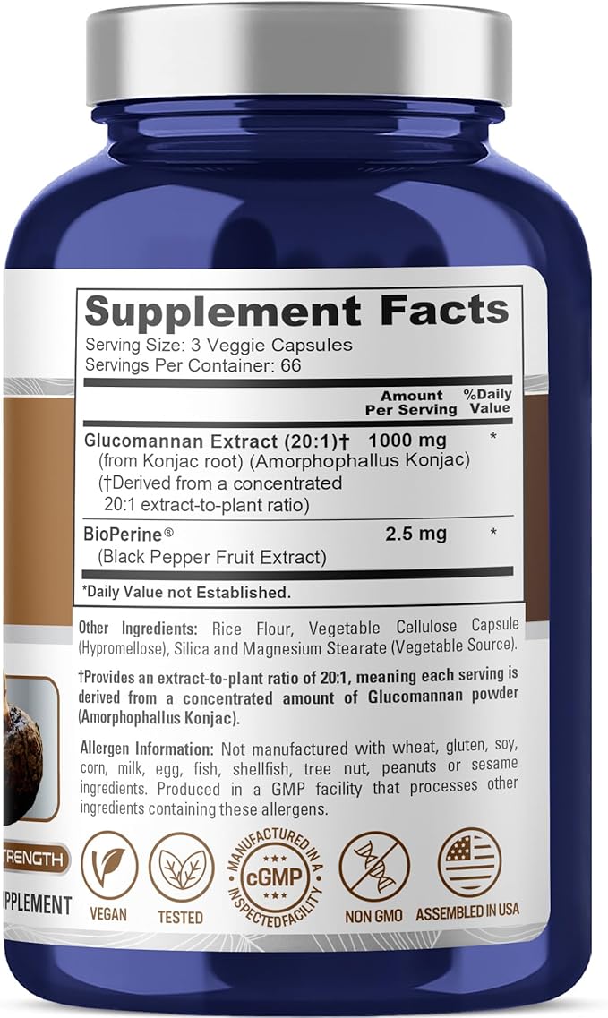 NusaPure Glucomannan 1000 mg per Serving 200 Veg Caps (BioPerine Non-GMO Vegan) Konjac Root
