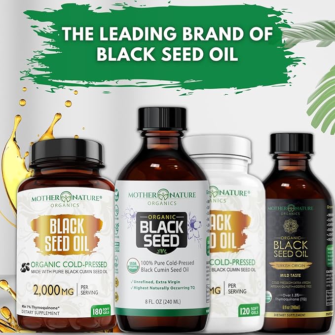Mother Nature USDA Organic Black Seed Oil – Cold Pressed Unrefined &amp Vegan Nigella Sativa High Thymoquinone (2%+) Omega 3 6 9 for Immune Joint &amp Heart Support Hair &amp Skin Non-GMO 16