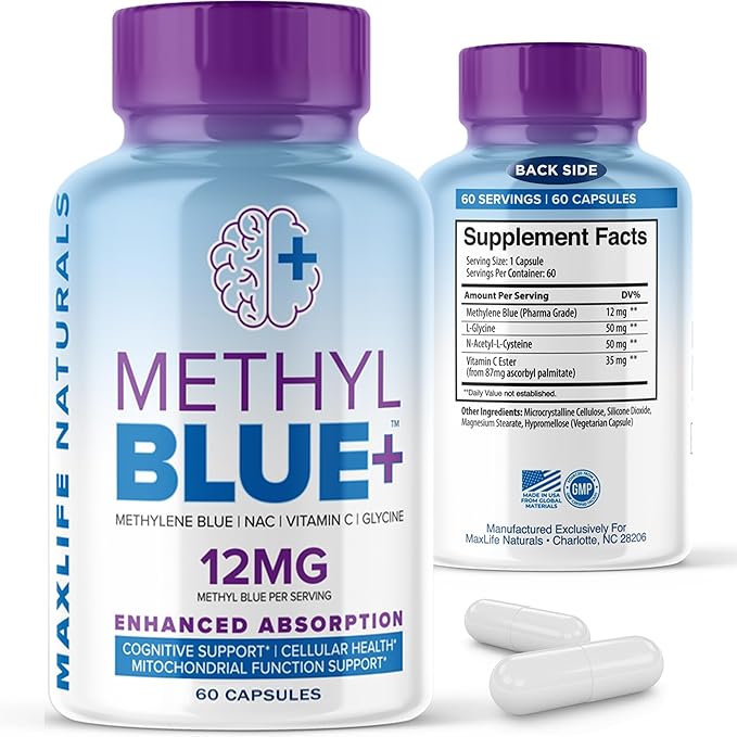 MaxLife Naturals Pure Methylene Blue Capsules Ultimate Methylene Blue Pharmaceutical USP - Grade 12mg 60 Capsules with Vitamin C Ester &amp NAC Glycine Supports Cellular &amp Cognitive Function Mad
