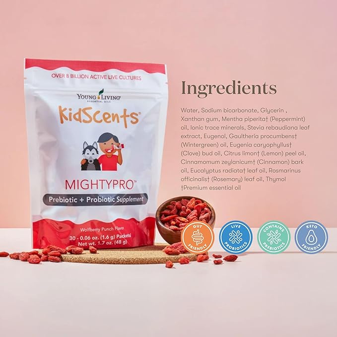 Young Living KidScents MightyPro Prebiotic &amp Probiotic Blend with 8 Billion Live Cultures Supports Digestive &amp Immune Health in Children Convenient Single-Dose Packets for Healthy Gut and