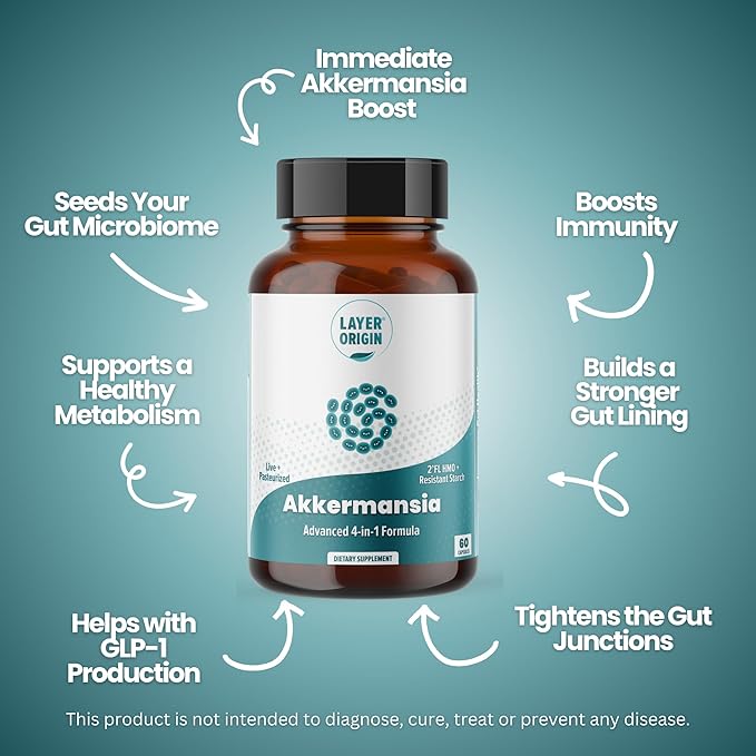 Layer Origin Akkermansia muciniphila Probiotic with Both Live + Pasteurized Akkermansia and PureHMO Prebiotic Validated Strain Updated 4-in-1 Formula