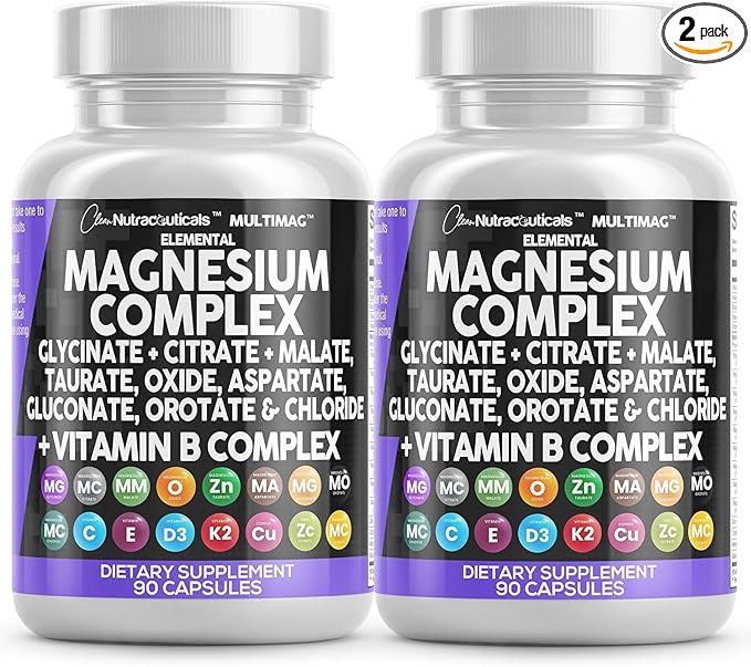 Clean Nutraceuticals Magnesium Complex with Magnesium Glycinate Citrate Malate Oxide Taurate Aspartate Orotate &amp Mag Chloride Zinc Copper Manganese (90 Count (Pack of 2))