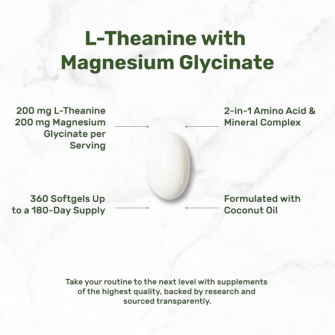 L-Theanine with Magnesium Glycinate 360 Softgels | L-Theanine 200mg &amp Magnesium Glycinate 200mg per Serving | 2-in-1 Amino Acid &amp Mineral Complex | Made with Coconut Oil | Non-GMO cGMP Manuf