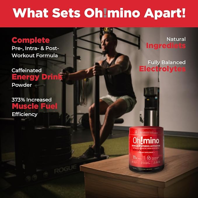 Oh!mino Essential Amino Acids Supplement Drink Powder Tropical Splash Cafeeinated Powder All 9 EAAs BCAAs and The Perfect Amino for Workouts Amino Energy and to Build Muscle and Recover Faster