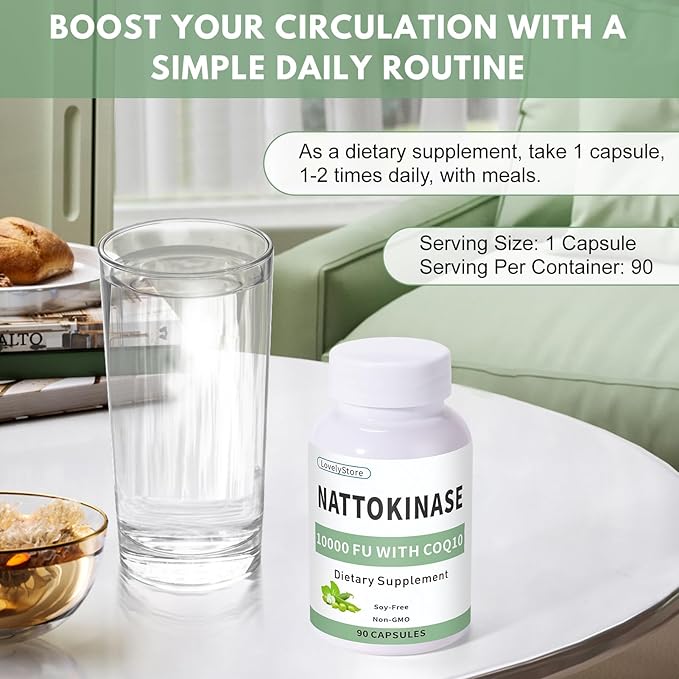 Nattokinase 10000 FU with CoQ10 100mg Vitamin K2 Free 90 Capsules - Premium Support for Heart Brain &amp Circulatory Health Cardiovascular System &amp Energy Supplement