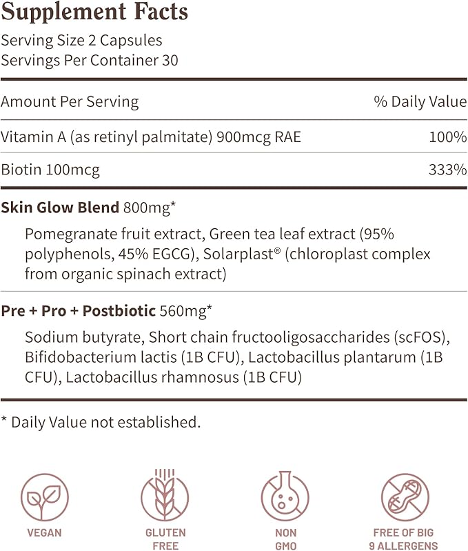 Snap Supplements Skin Glow - Gut &amp Skin Probiotics for Women &amp Men with Vitamin A Biotin &amp Clinically Studied Spinach to Support a Radiant Healthy-Looking Appearance 60 Capsules (1 Mont