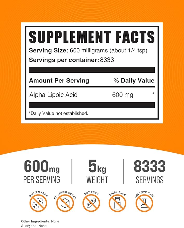 BulkSupplements.com Alpha Lipoic Acid Powder - ALA Supplement Alpha Lipoic Acid 600mg - ALA Powder Gluten Free - 600mg of Alpha-Lipoic Acid per Serving 5kg (11 lbs) (Pack of 5)