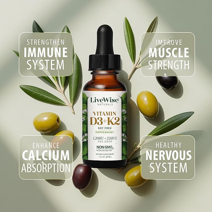 Live Wise Naturals Vitamin D3 K2 (MK-7) Peppermint Drops for Adults - 930 Drops Ultra Concentrated Formulation 1208 IU Vitamin D3 25 MCG - Precision Micro-Dosing Dropper for Calcium &amp Bone Supp