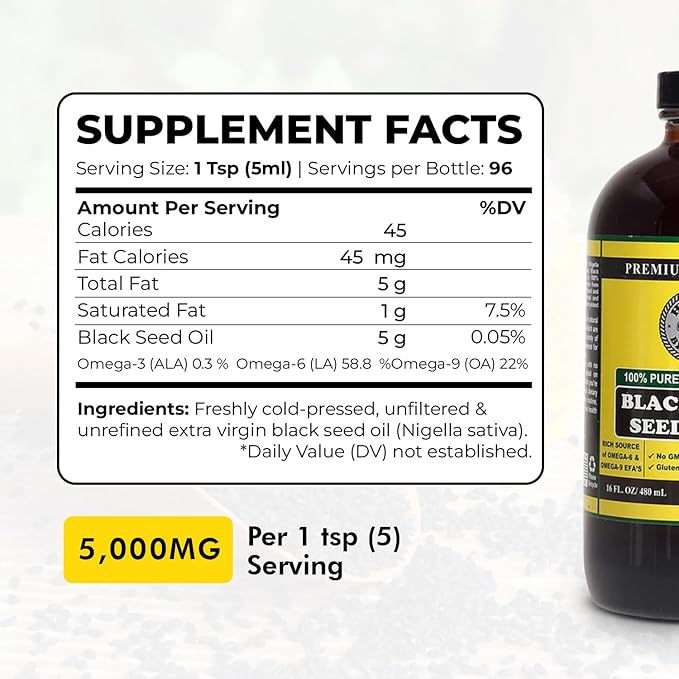 Pure Black Seed Oil - 100% Pure Nigella Sativa - Cold Pressed - Vegan - Non GMO - 16 oz - in Glass Bottle - Herbal by Nature