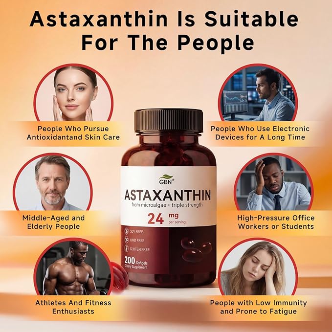 GBN Astaxanthin Supplements 24mg 200 Softgels Supports Eye Skin Joint Brain Heart &amp Immune System Health Stamina &amp Healthy Aging for Women &amp Men Fresh Microalgae Source