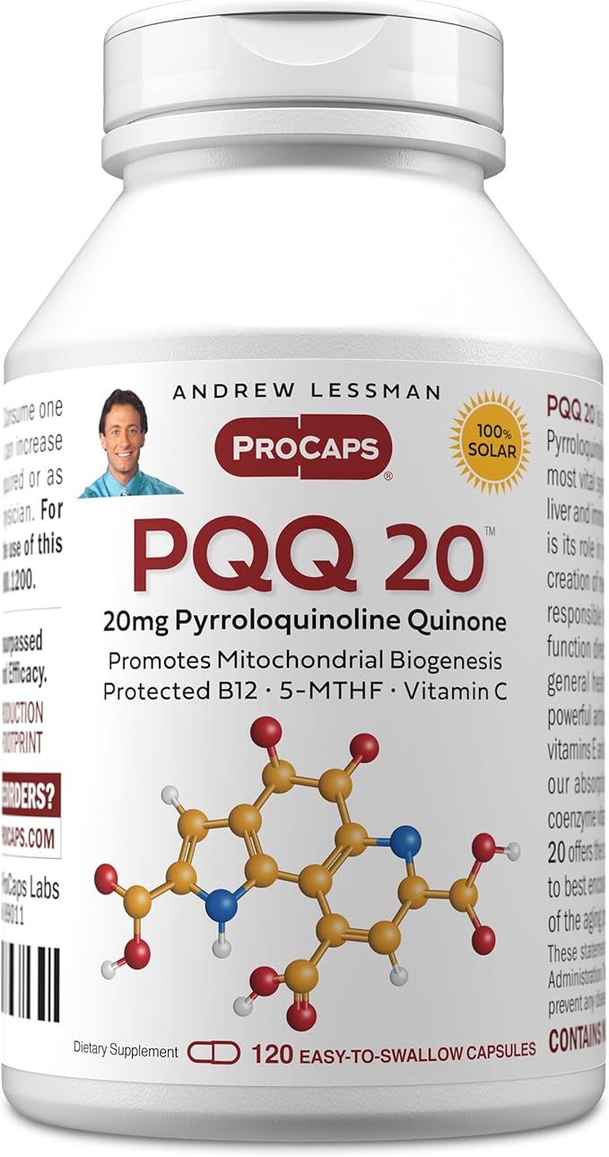 ANDREW LESSMAN PQQ 20mg - 120 Capsules - 20mg Pyrroloquinoline Quinone Natural Protective Compound Supports Vital Organs Heart Brain Liver Immune System. Mitochondrial Biogenesis No Additives