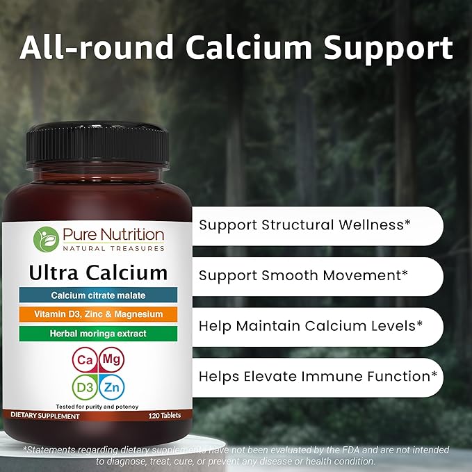 Pure Nutrition Ultra Calcium 1000mg with VIT D3 + K2 | 240 Tabs (120 X Pack of 2) | Calcium Supplement with Calcium Citrate Malate VIT D3 K2 Moringa Oleifera Magnesium and Zinc.