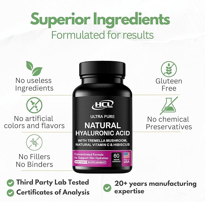 Natural Hyaluronic Acid Supplement 5X Stronger Hydration Pills from Pure Tremella Mushroom with Vitamin C &amp Hibiscus - Skin Supplement Anti Wrinkle Dietary Capsules - hair nails vitamins
