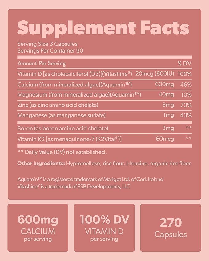 sapling Calcium Supplement - Whole Food with Vitamin K2 &amp D3 Magnesium Zinc Boron Mineral Complex. Sourced Sustainably from Red Algae. for Bone Strength and Support. Non-GMO &amp Vegan (270 C