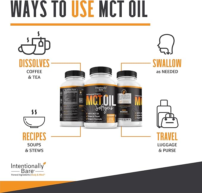 Intentionally Bare MCT Oil Capsules - Organic Coconut Oil with 70% C8 and 30% C10 - MCT Oil for Clean Energy Brain Health Mood and Focus - Coconut C8 for Keto - 300 Soft Gel
