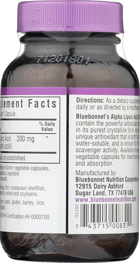 Bluebonnet Alpha Lipoic Acid 200mg - Powerful Antioxidant Nerve Support Supplement - For Women &amp Men Daily - Non-GMO Vegan Kosher - Gluten-Free Soy-Free Dairy-Free - 60 Vegetable Capsules