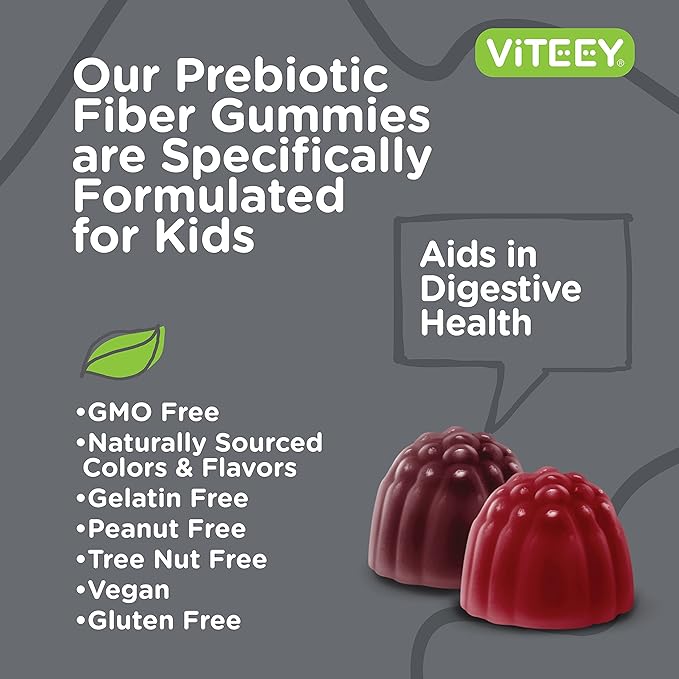 Viteey Prebiotic Kids Fiber for Constipation Relief Digestive Health Regularity Support Natural Weight Support - Fiber 4g Zero Sugar Added Vegan Gluten Free - Tasty Chewable Fruit Flavored Gummy