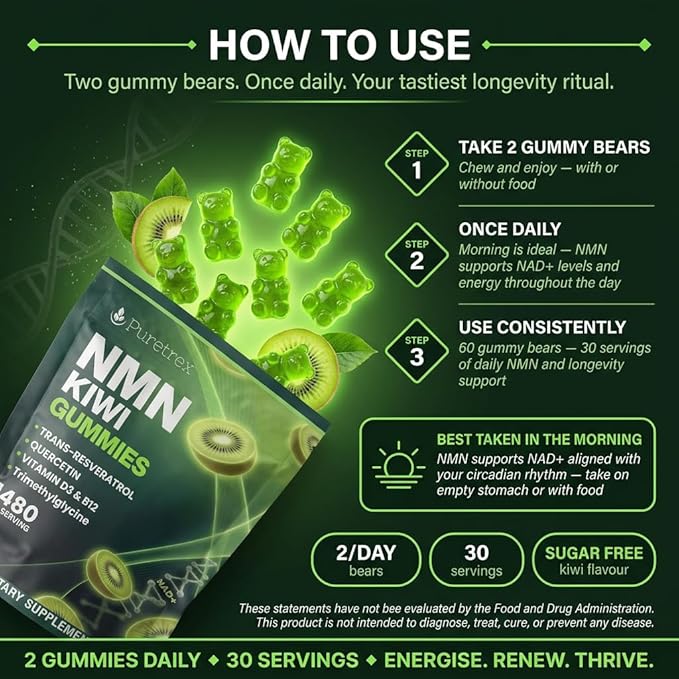 NMN 500mg + Trans-Resveratrol 200mg Kiwi Gummies with TMG Quercetin Piperine Vitamin D3 &amp B12 1480 mg Complex Cellular Health* Longevity* &amp Energy Support* 60 Vegan Gummies