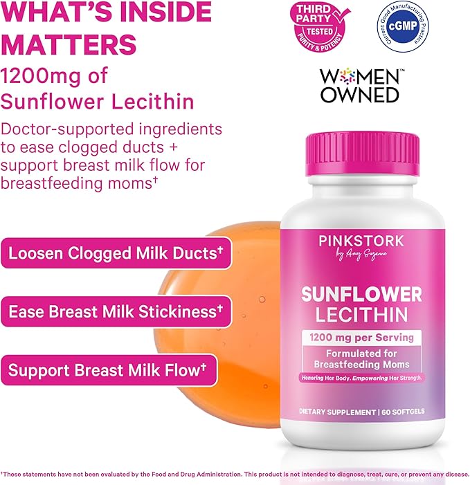 Pink Stork Sunflower Lecithin Supplement - 1200 mg for Clogged Milk Ducts - Breastfeeding Essentials for Postpartum Moms - Supports Breast Milk Flow - 60 Softgels