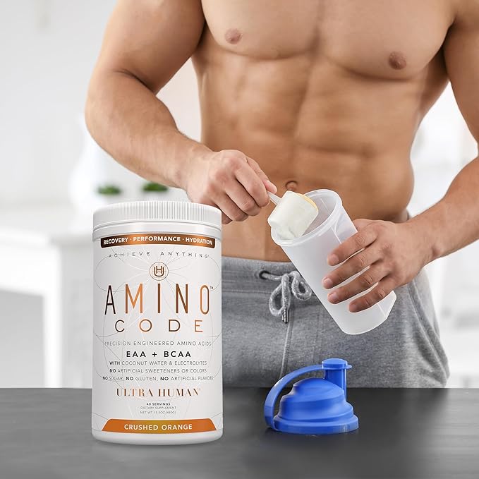 Ultra Human Amino Code | Essential Amino Acids + BCAAs + Coconut Water Electrolytes | Fast Hydration Workout Recovery Flavored Amino Energy Powder Drink | Clean Formula 40 Servings - Crushed Orange