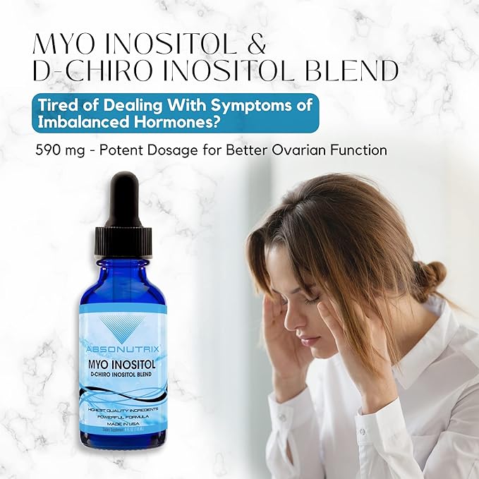 Absonutrix Myo Inositol &amp D-Chiro Inositol Blend 590 mg 4 Fl Oz Drops 200 Potent Servings Bioavailability Quick Absorption GMP-Certified Non-GMO Cruelty-Free Made in USA