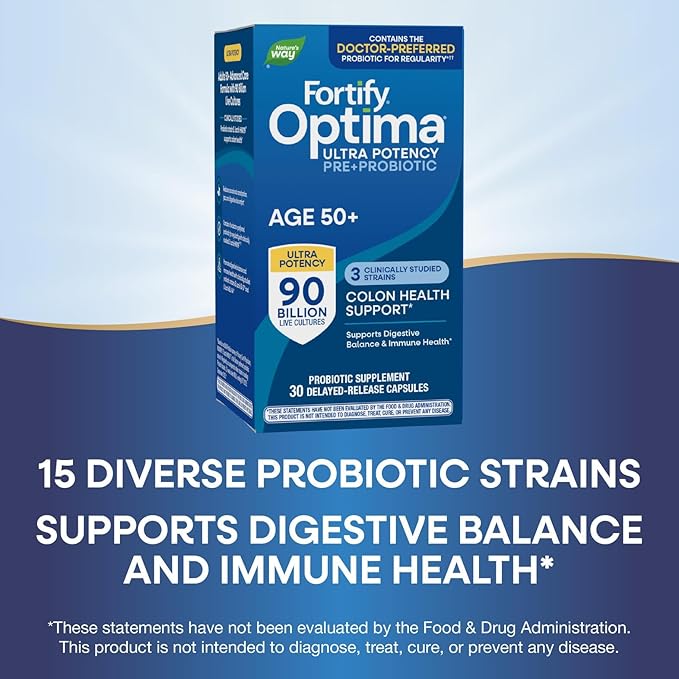 Nature's Way Fortify Optima Probiotic for Adults 50+ 90 Billion Live Cultures 15 Strains Colon Health* Supports Digestive Balance and Immune Health* 30 Capsules (Packaging May Vary)