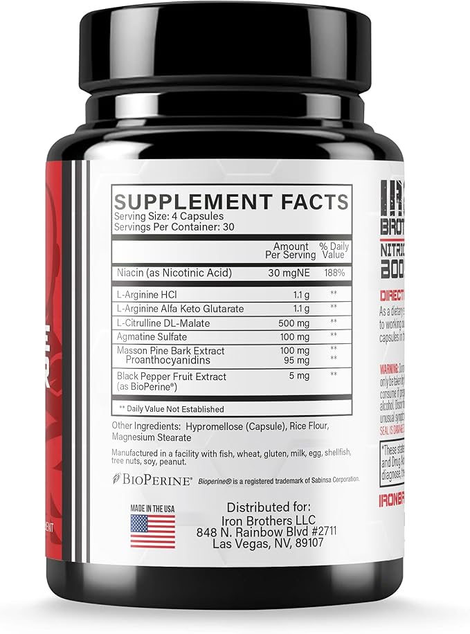 Iron Brothers Nitric Oxide Supplement for Men &amp Women | Pre-Workout Nitric Oxide Booster for Enhanced Muscle Pump Blood Flow &amp Endurance | L-Arginine L-Citrulline Pine Bark Extract | 120 Ve