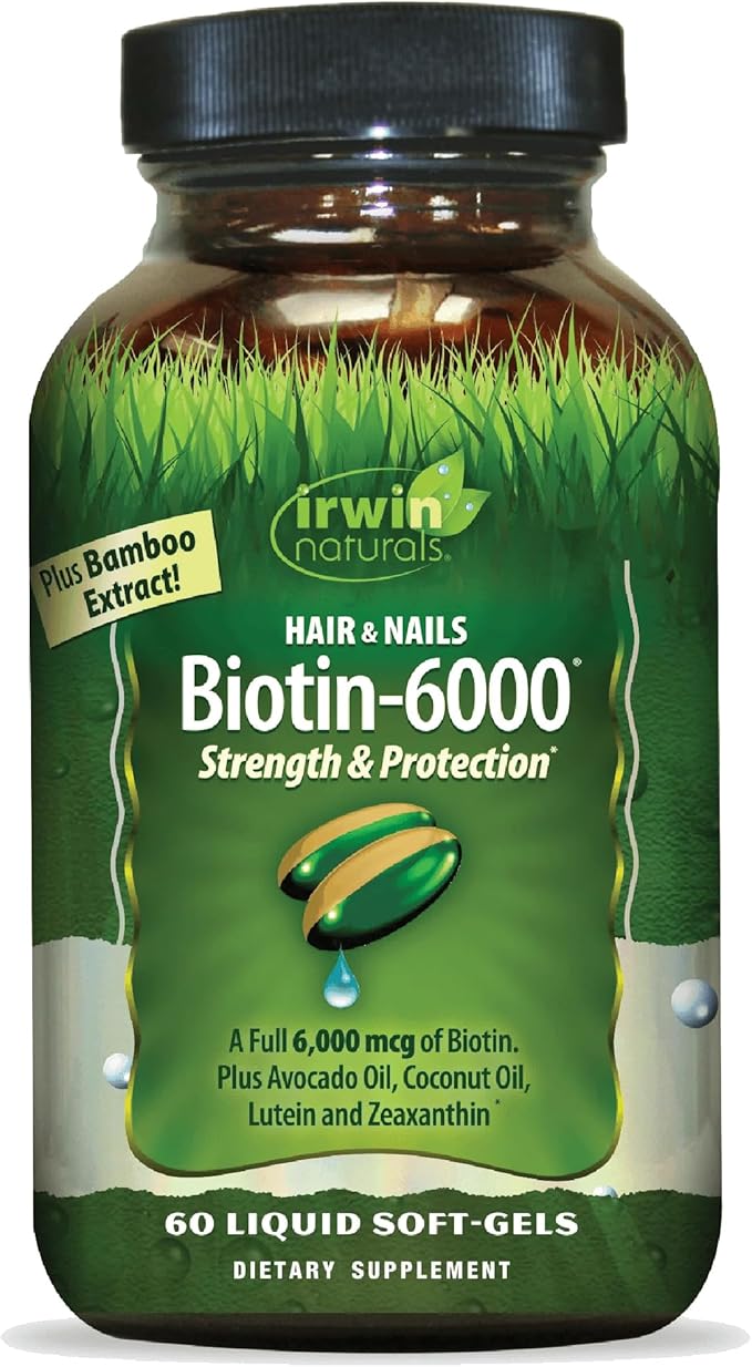 Irwin Naturals Biotin-6000 - Supports Strength &amp Protection for Hair &amp Nails with Avocado Oil Coconut Oil Lutein &amp Zeaxanthin - 60 Liquid Softgels