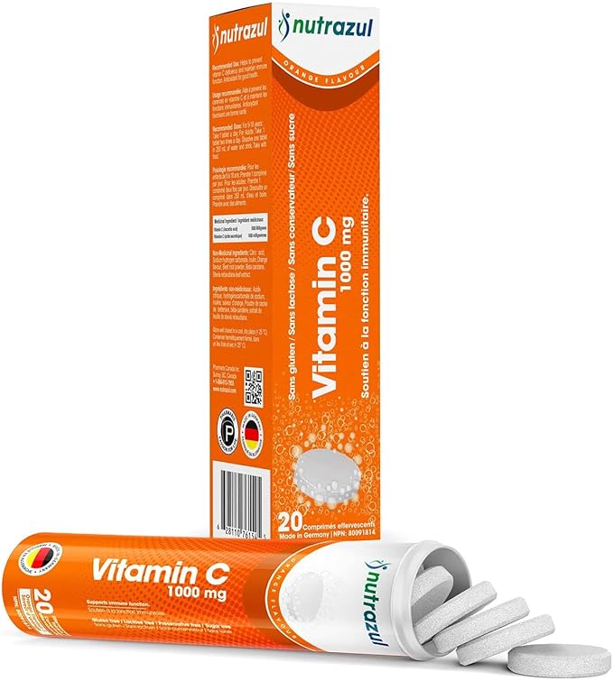nutrazul Vitamin C 1000mg Effervescent Tablets VIT C Supplement to Help Maintain Immune Function Gluten-Free Lactose-Free Sugar-Free Preservative-Free Orange Flavor 20 Count Pack of 3