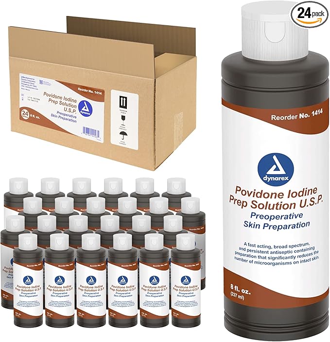 Dynarex Povidone-Iodine Prep Solution Antiseptic Solution for Skin and Mucosa Ideal for Surgical Site Preparation Contains Povidone Iodine 10%1 Case of 24 8 fl. oz. Bottles (Packaging May Vary)