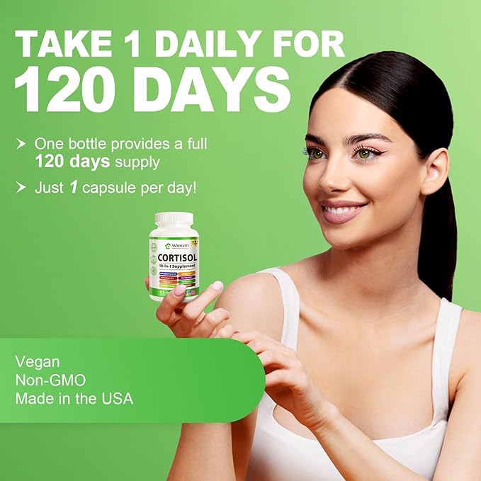 Ashenutri 10-in-1 Cortisol Supplement with MagnesiumAshwagandhaRhodiola RoseaL TheanineHormone Balance for Women 120 Vegan Capsules