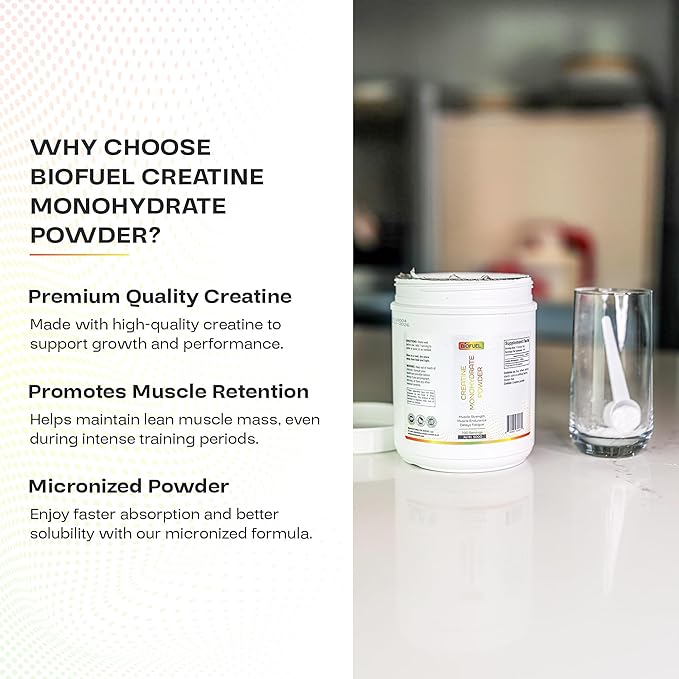 Biofuel Creatine Monohydrate Powder – Enhances Muscle Building Strength and Performance – 500g 100 Servings
