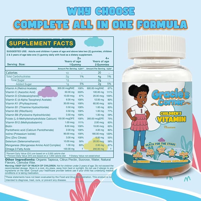 Gracie’s Corner Stars Kids Multivitamin Gummies with Omega 3 - Children’s Vitamins A B C D - Star-Shaped Toddler Multivitamins Plant-Based Gluten-Free Kids Gummy Vitamins 60 Count