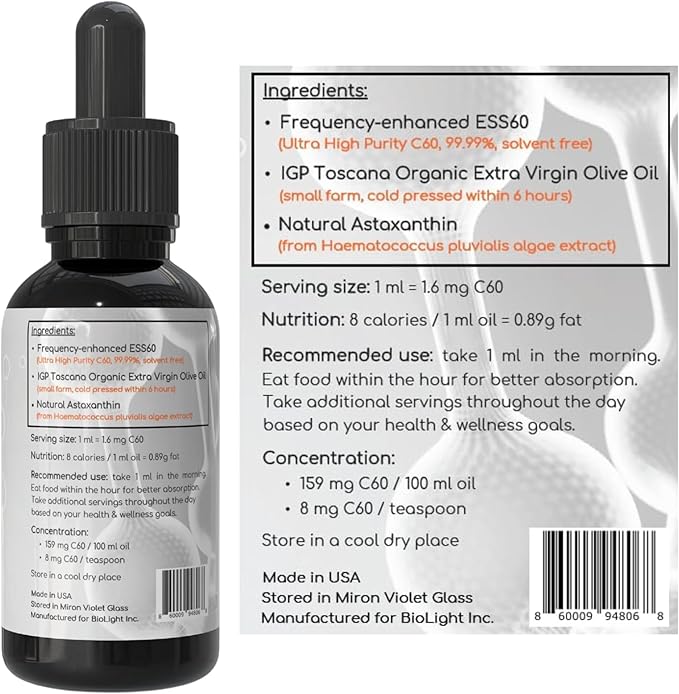 BIOLIGHT BioC60 Antioxidant Supplement - Frequency-Enhanced ESS60 Carbon 60 in Tuscan Organic Extra Virgin Olive Oil &amp Astaxanthin Oil - Vegan Friendly for Daily Wellness Support (30 Days)